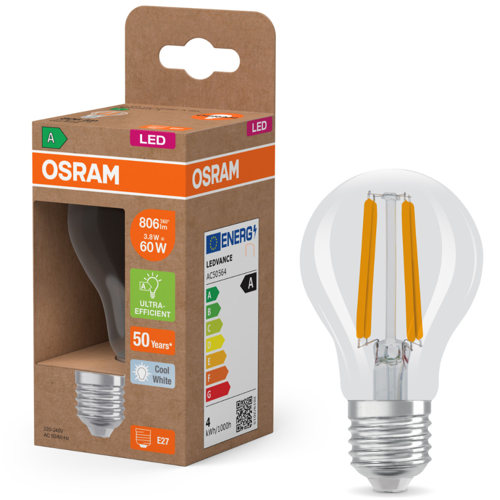 Osram E27 LED 3,8W, 806 lm, 4000 K, hidegfehér, áttetsző üveg-60 W normál izzó helyett - Superstar+ Classic A filament