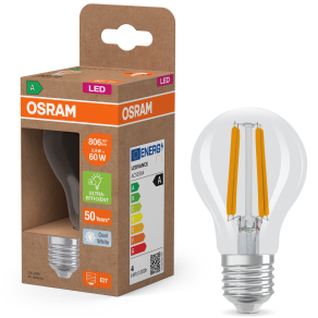   Osram E27 LED 3,8W, 806 lm, 4000 K, hidegfehér, áttetsző üveg-60 W normál izzó helyett - Superstar+ Classic A filament