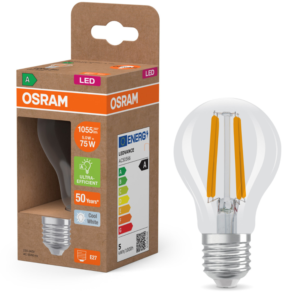 Osram E27 LED 5W, 1055 lm, 4000 K, hidegfehér, áttetsző üveg-75 W normál izzó helyett - Superstar+ Classic A filament
