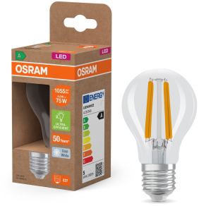   Osram E27 LED 5W, 1055 lm, 4000 K, hidegfehér, áttetsző üveg-75 W normál izzó helyett - Superstar+ Classic A filament