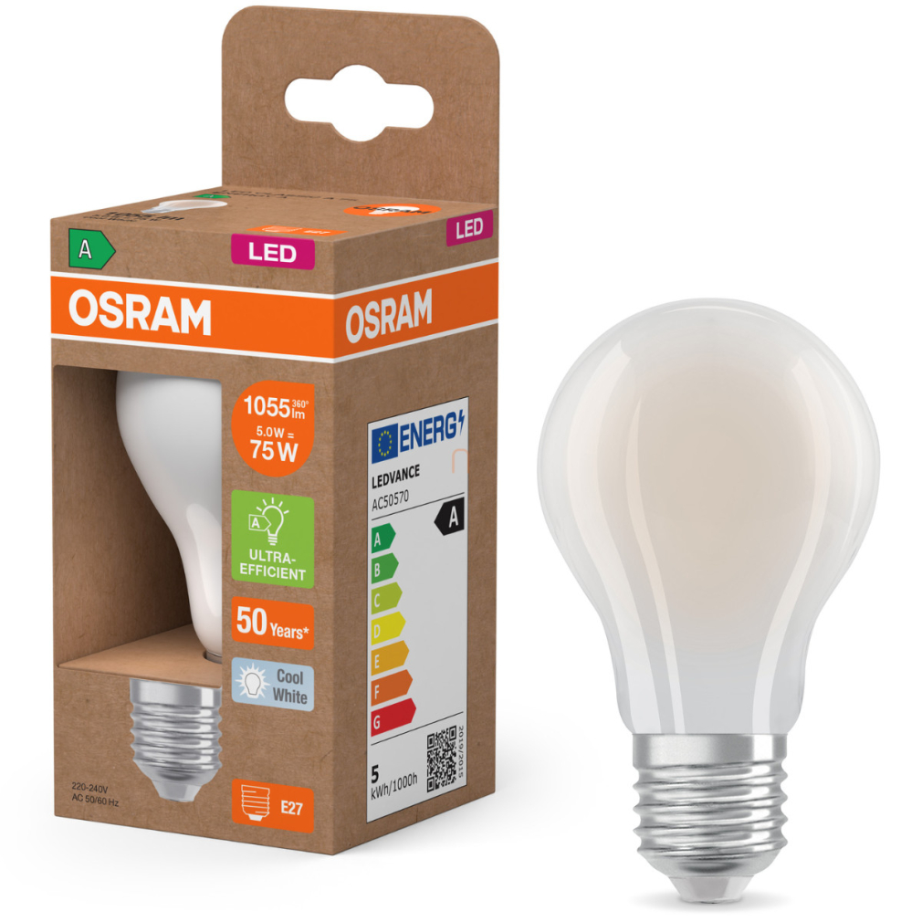 Osram E27 LED 5W, 1055 lm, 4000 K, hidegfehér, opál üveg-75 W normál izzó helyett - Superstar+ Classic A