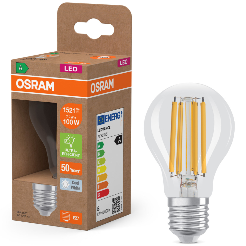 Osram E27 LED 7,2W, 1521 lm, 4000 K, hidegfehér, áttetsző üveg-100 W normál izzó helyett - Superstar+ Classic A filament