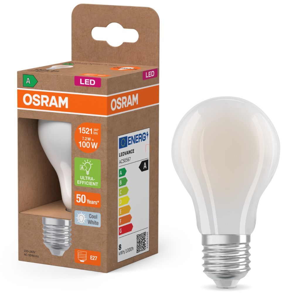 Osram E27 LED 7,2W, 1521 lm, 4000 K, hidegfehér, opál üveg-100 W normál izzó helyett - Superstar+ Classic A
