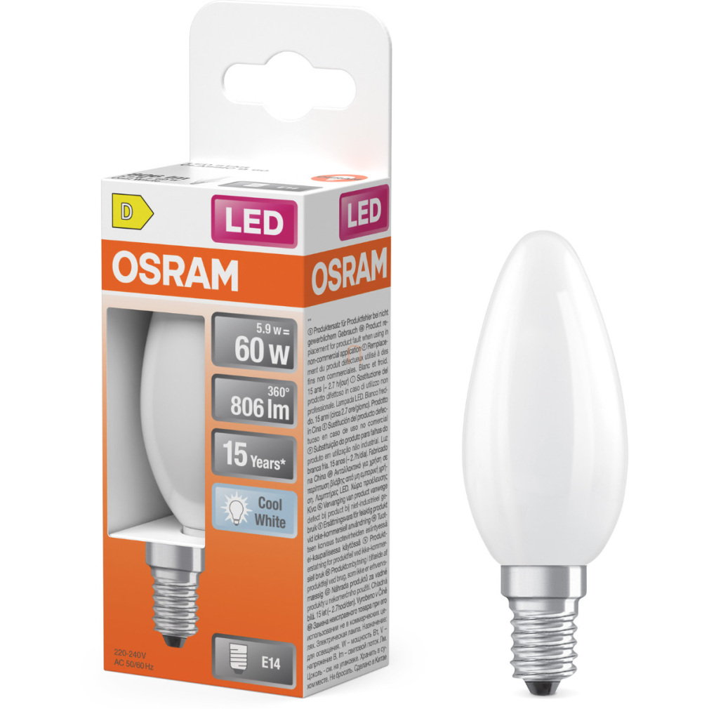 Osram E14 LED gyertya, 5,9W, 806 lm, 4000 K, hidegfehér, opál üveg-60 W izzó helyett - Star Classic B