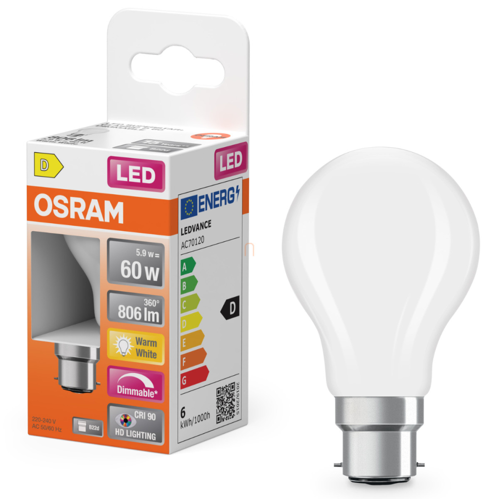 Osram B22d LED 5,5W, 806 lm, 2700 K, melegfehér, dimmelhető, opál üveg-60 W izzó helyett - Superstar+ Classic P 