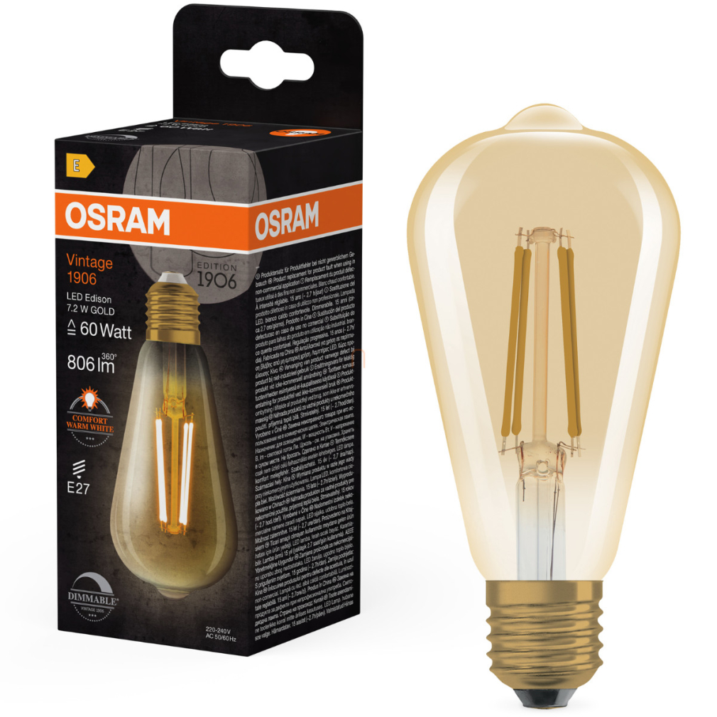 Osram E27 LED 7,2W, 806 lm, 2400 K, candlelight, dimmelhető, arany színű színű üveg-60 W izzó helyett - Vintage 1906 DIM Classic Edison Gold filament