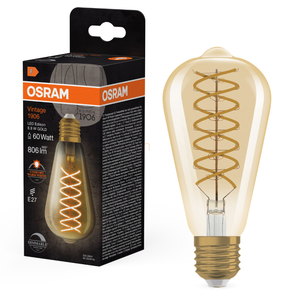 Osram E27 LED 8,8W, 806 lm, 2400 K, candlelight, dimmelhető, arany színű színű üveg-60 W izzó helyett - Vintage 1906 DIM Classic Edison Gold filament