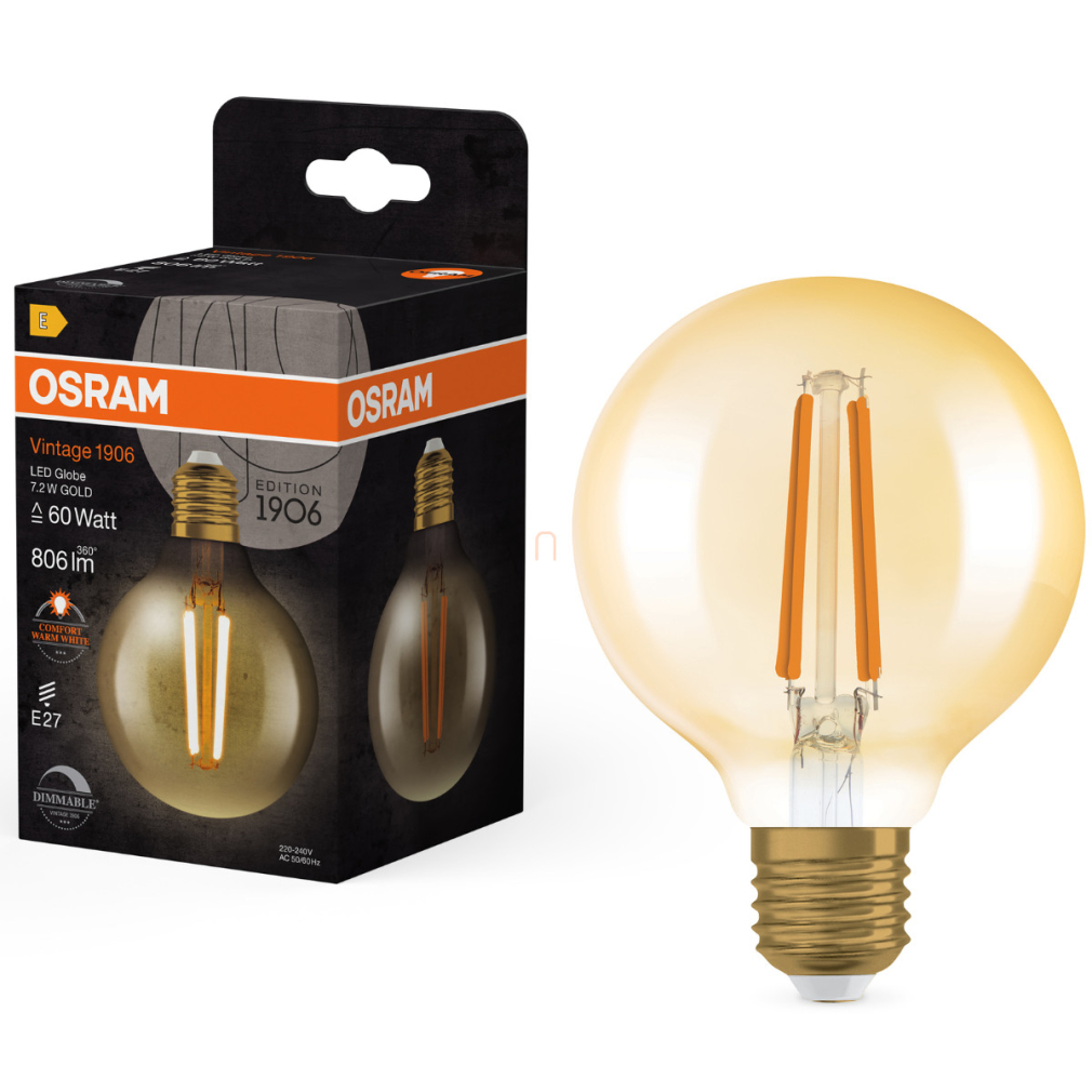 Osram E27 LED 7,2W, 806 lm, 2400 K, candlelight, dimmelhető, arany színű színű üveg-60 W izzó helyett - Vintage 1906 DIM Classic Globe Gold filament