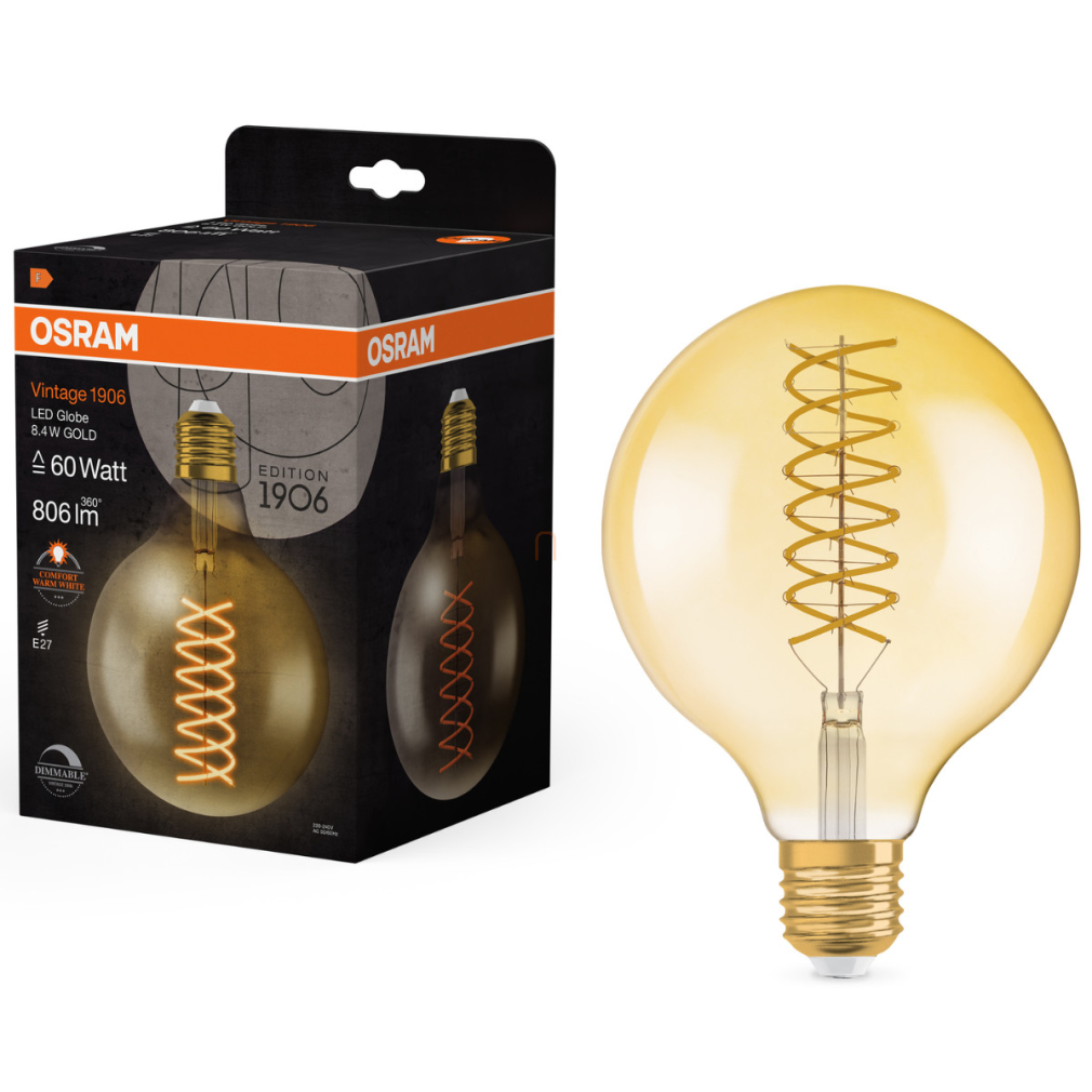 Osram E27 LED 8,4W, 806 lm, 2400 K, candlelight, dimmelhető, arany színű színű üveg-60 W izzó helyett - Vintage 1906 DIM Classic Globe125 Gold filament