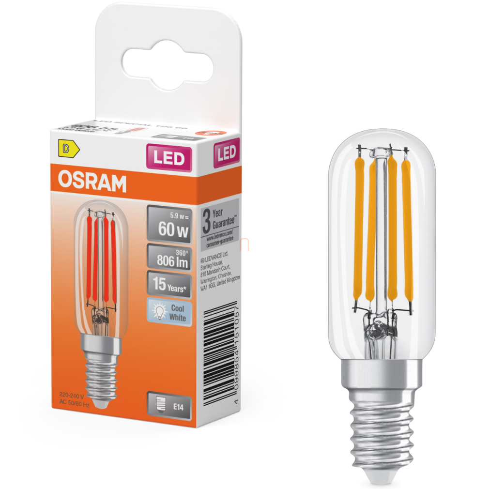 Osram E14 LED 5,9W, 806 lm, 4000 K, hidegfehér, áttetsző üveg-60 W izzó helyett - Special T26 filament