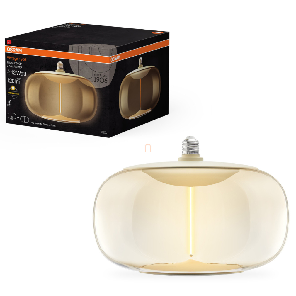 Osram E27 LED 2,5W, 120 lm, 2700 K, melegfehér, borostyán műanyag-10 W izzó helyett - Vintage 1906 Classic Elipse Amber filament
