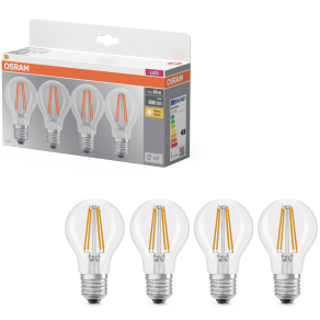   Osram E27 LED 7W, 806 lm, 2700 K, melegfehér, áttetsző üveg-60 W normál izzó helyett, 4 darabos - Base Classic A 60 filament