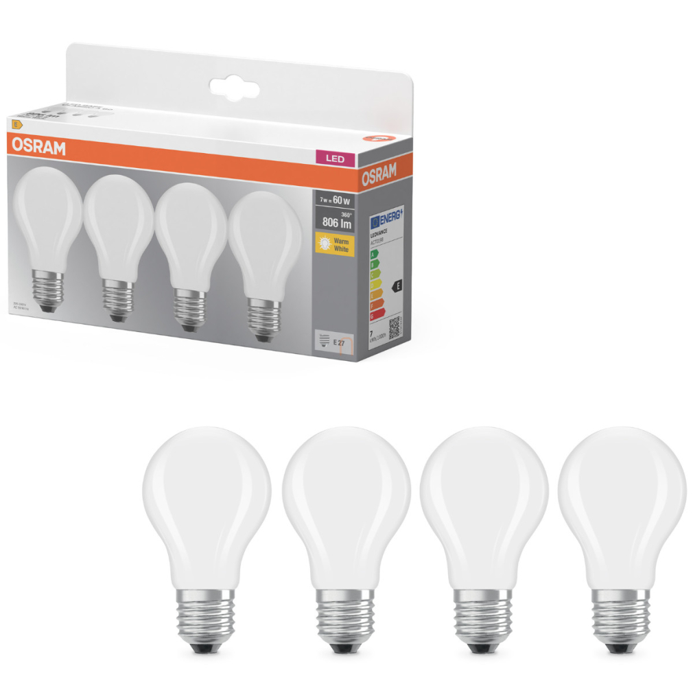 Osram E27 LED 7W, 806 lm, 2700 K, melegfehér, opál üveg-60 W normál izzó helyett, 4 darabos - Base Classic A
