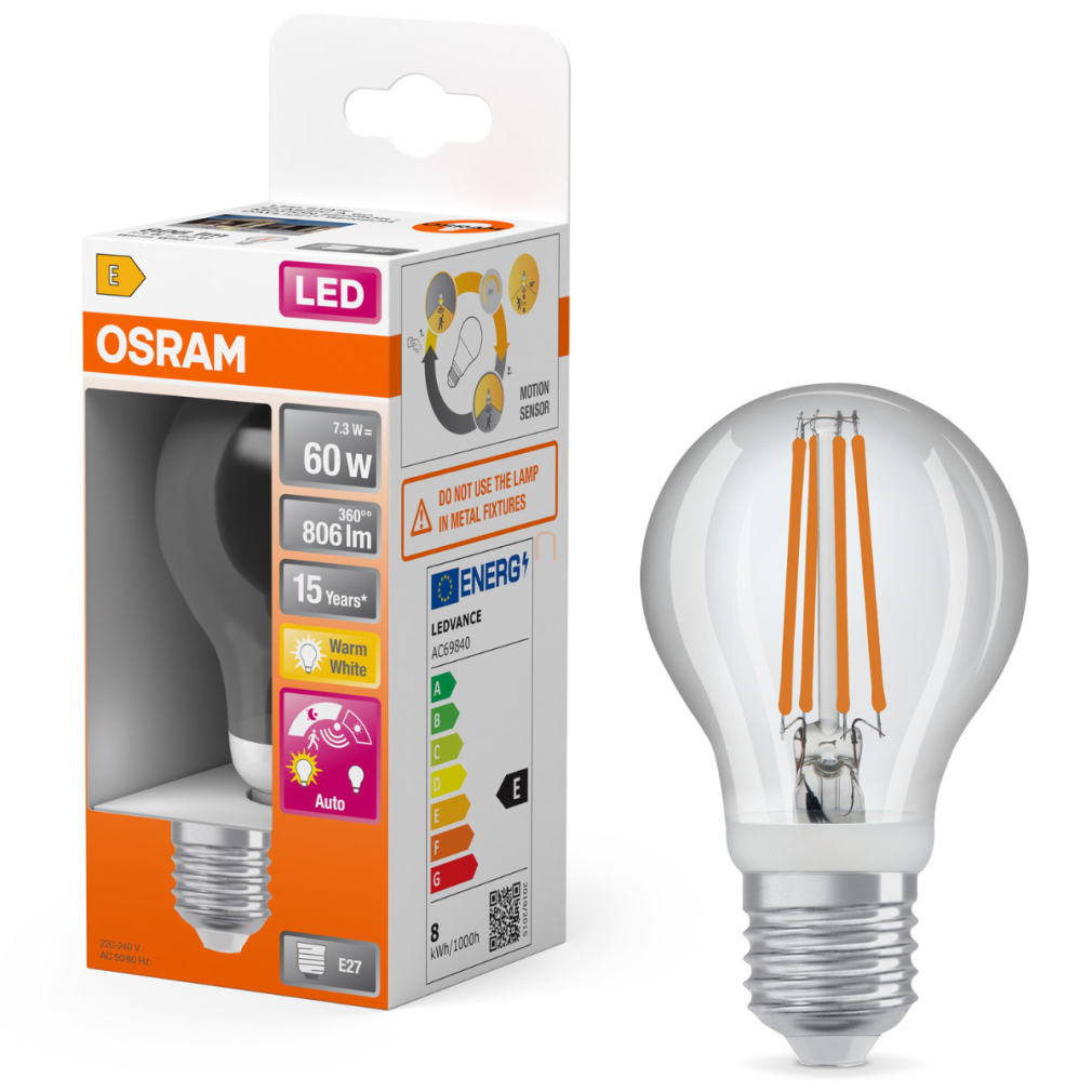Osram E27 LED 7,3W, 806 lm, 2700 K, melegfehér, áttetsző üveg-60 W normál izzó helyett, fényérzékelős, mozgásérzékelős - Star+ Classic A 60 filament