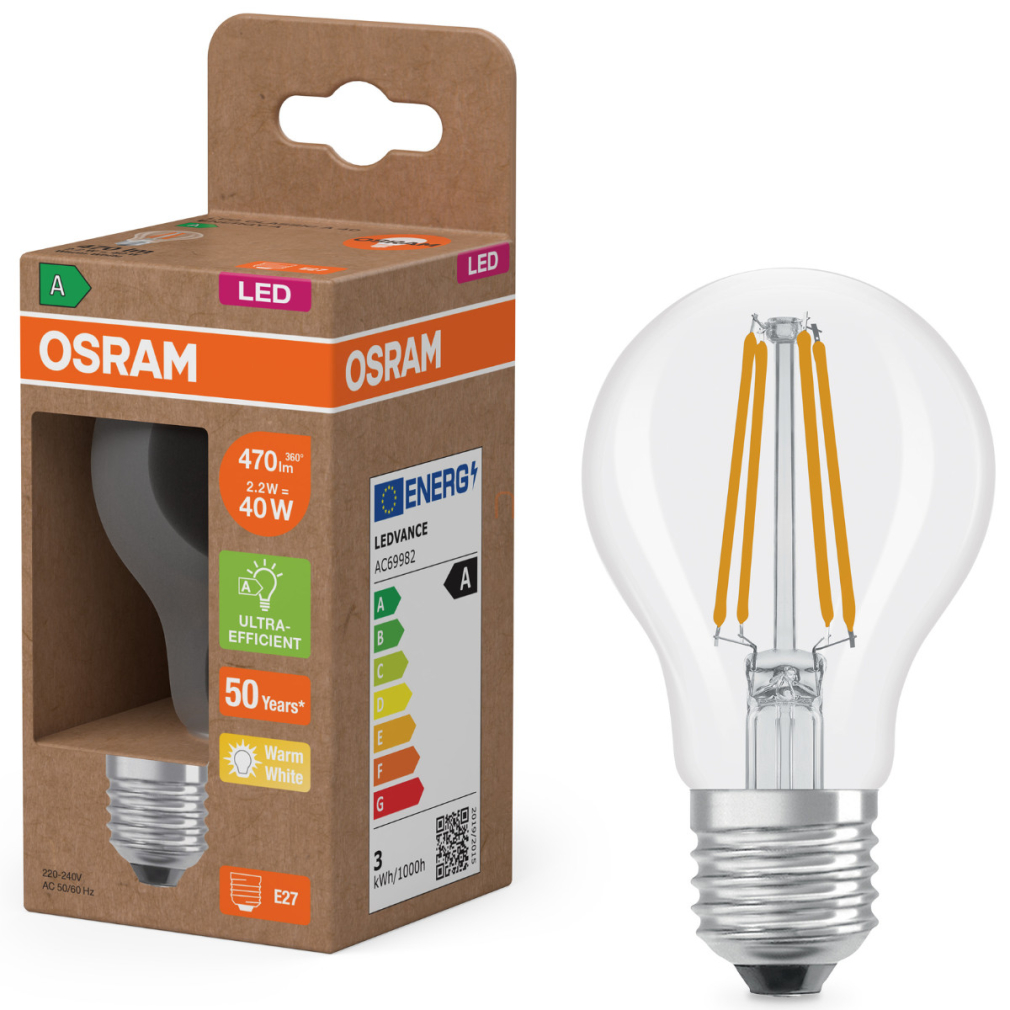 Osram E27 LED 2,2W, 470 lm, 2700 K, melegfehér, áttetsző üveg-40 W normál izzó helyett - Superstar+ Classic A filament