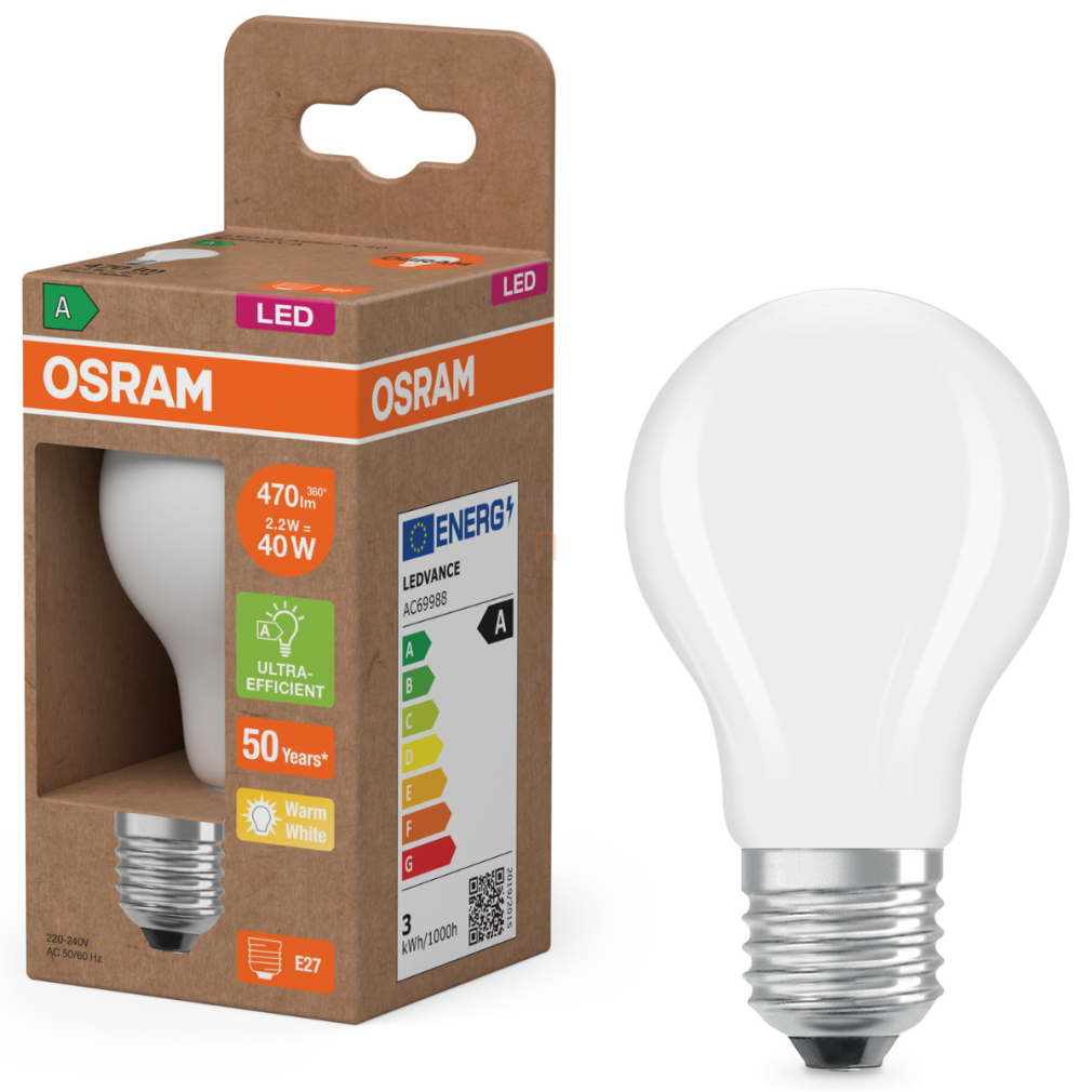 Osram E27 LED 2,2W, 470 lm, 2700 K, melegfehér, opál üveg-40 W normál izzó helyett - Superstar+ Classic A