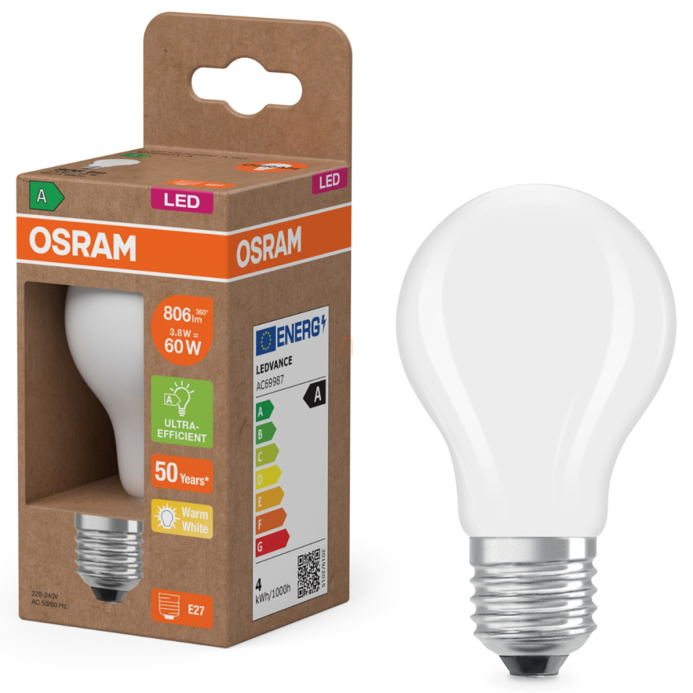 Osram E27 LED 3,8W, 806 lm, 2700 K, melegfehér, opál üveg-60 W normál izzó helyett - Superstar+ Classic A