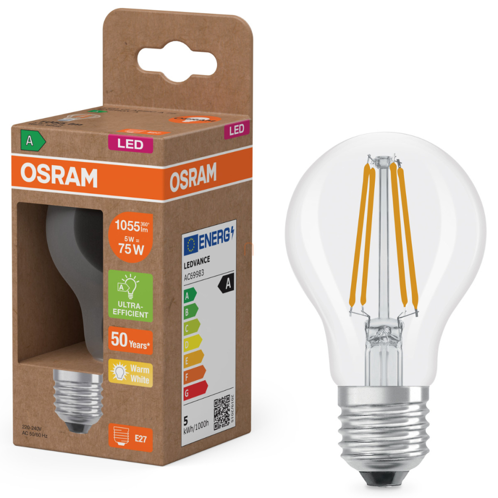Osram E27 LED 5W, 1055 lm, 2700 K, melegfehér, áttetsző üveg-75 W normál izzó helyett - Superstar+ Classic A filament