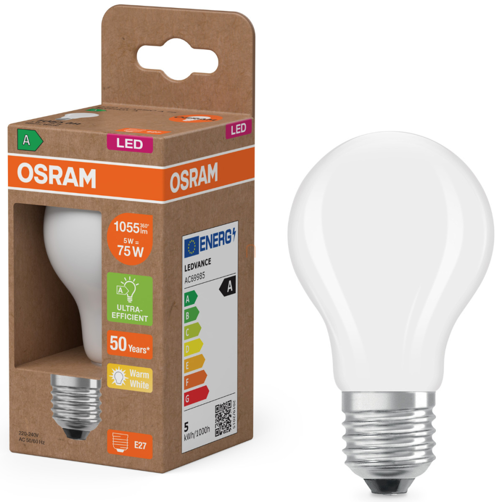 Osram E27 LED 5W, 1055 lm, 2700 K, melegfehér, opál üveg-75 W normál izzó helyett - Superstar+ Classic A