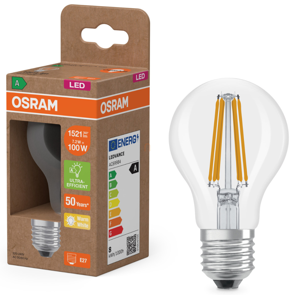 Osram E27 LED 7,2W, 1521 lm, 2700 K, melegfehér, áttetsző üveg-100 W normál izzó helyett - Superstar+ Classic A filament