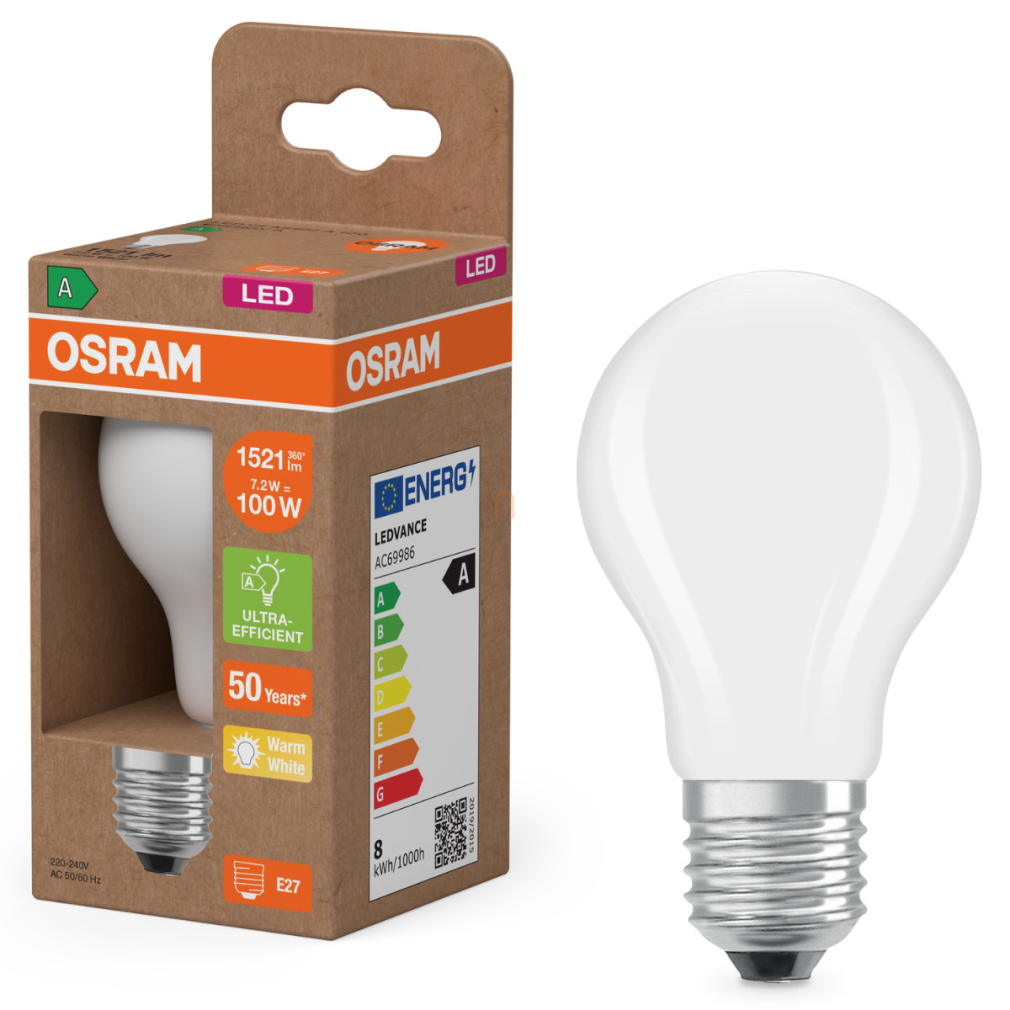 Osram E27 LED 7,2W, 1521 lm, 2700 K, melegfehér, opál üveg-100 W normál izzó helyett - Superstar+ Classic A