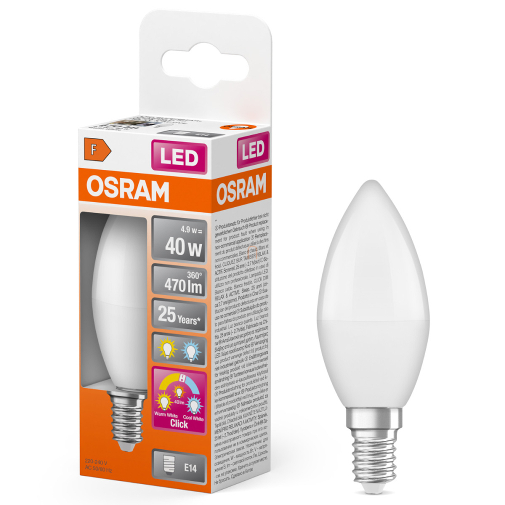 Osram E14 LED gyertya, 4,9W, 470 lm, 2700-4000 K, változtatható fehér, opál műanyag-40 W izzó helyett - Superstar+ Classic B
