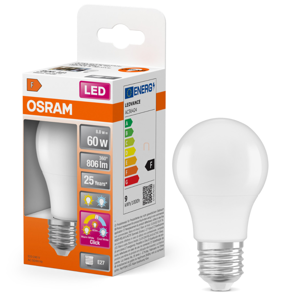 Osram E27 LED 8,8W, 806 lm, 2700-4000 K, változtatható fehér, opál műanyag-60 W normál izzó helyett - Superstar+ Classic A