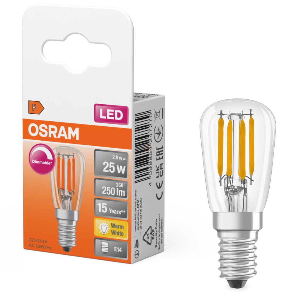 Osram E14 LED 2,8W, 250 lm, 2700 K, melegfehér, dimmelhető, színes üveg-25 W izzó helyett - Special T26 filament