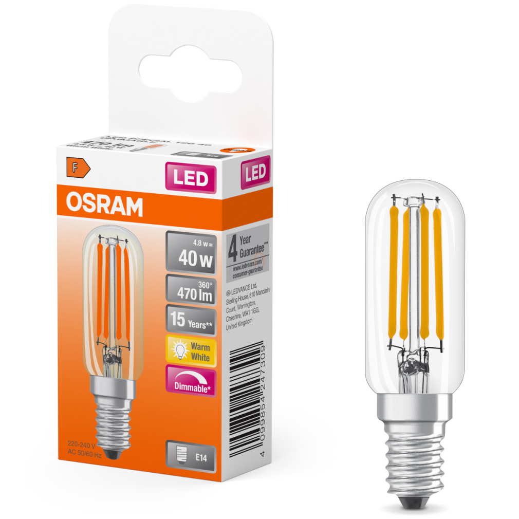 Osram E14 LED 4,8W, 470 lm, 2700 K, melegfehér, dimmelhető, színes üveg-40 W izzó helyett - Special T26 filament
