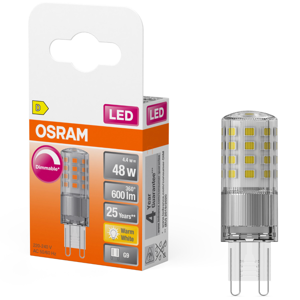 Osram G9 LED 4,4W, 600 lm, 2700 K, melegfehér, dimmelhető, alumínium, műanyag-50 W izzó helyett - Special Pin Clear