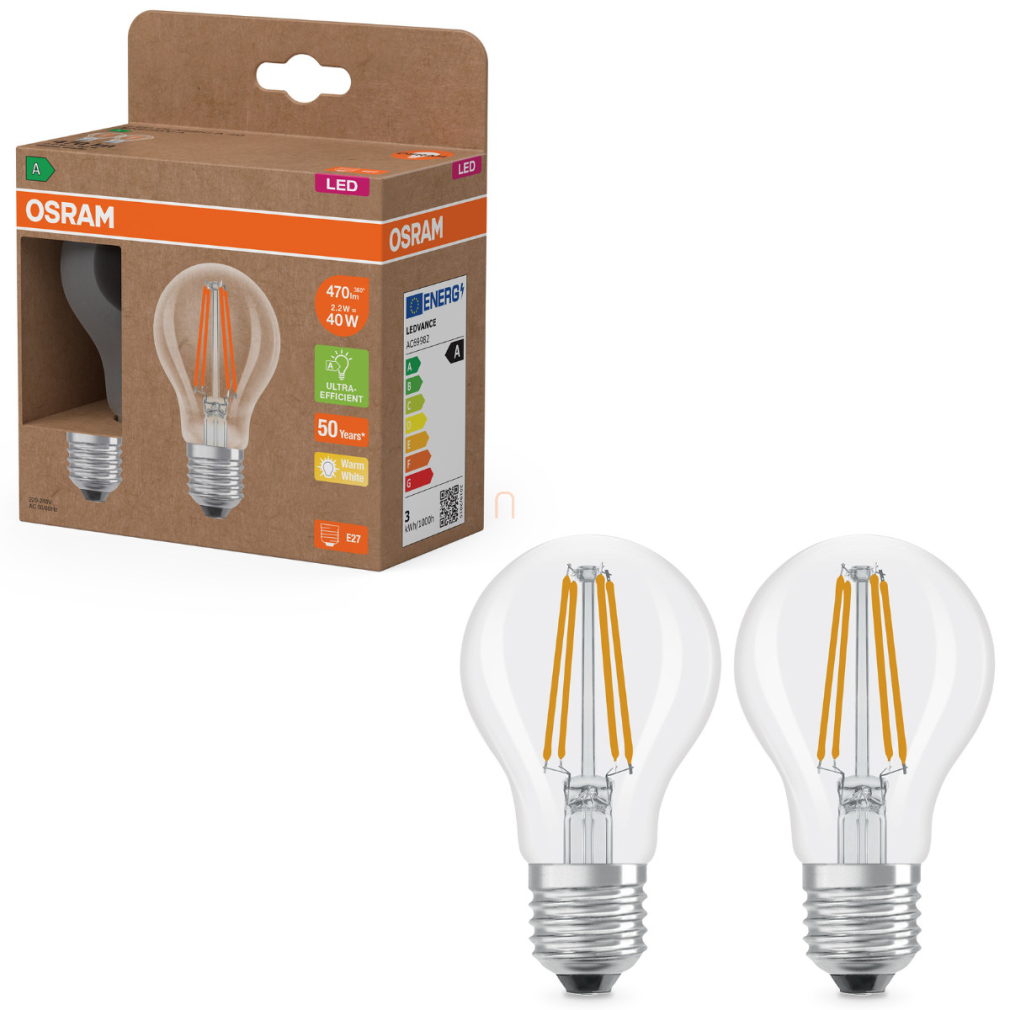 Osram E27 LED 2,2W, 470 lm, 2700 K, melegfehér, áttetsző üveg-40 W normál izzó helyett, 2 darabos - Superstar+ Classic A filament