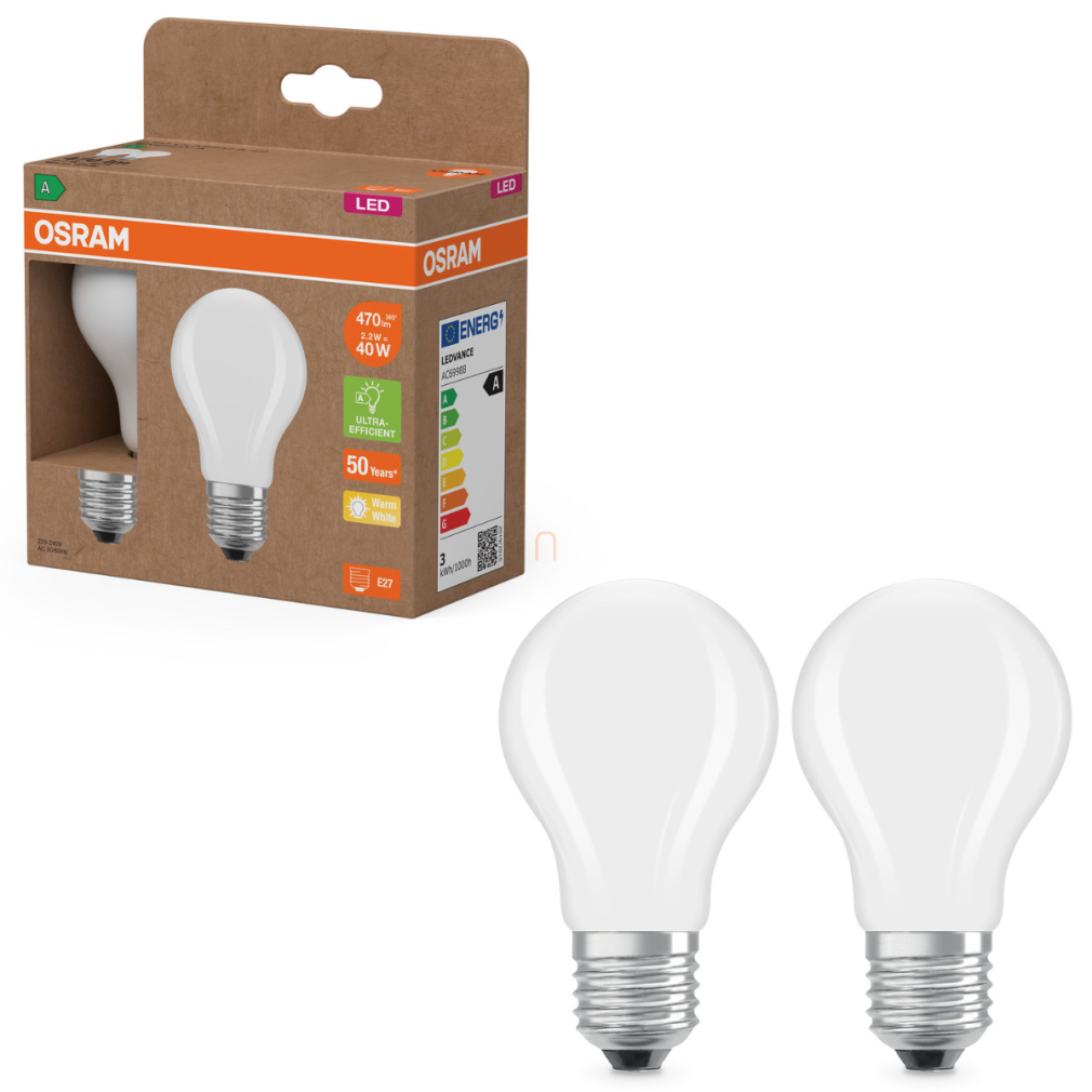 Osram E27 LED 2,2W, 470 lm, 2700 K, melegfehér, opál üveg-40 W normál izzó helyett, 2 darabos - Superstar+ Classic A