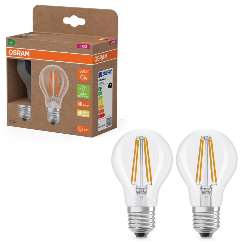 Osram E27 LED 3,8W, 806 lm, 2700 K, melegfehér, áttetsző üveg-60 W normál izzó helyett, 2 darabos - Superstar+ Classic A filament