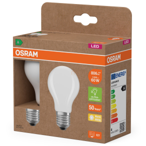   Osram E27 LED 3,8W, 806 lm, 2700 K, melegfehér, opál üveg-60 W normál izzó helyett, 2 darabos - Superstar+ Classic A