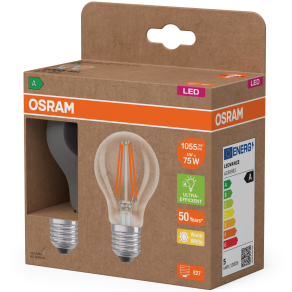   Osram E27 LED 5W, 1055 lm, 2700 K, melegfehér, áttetsző üveg-75 W normál izzó helyett, 2 darabos - Superstar+ Classic A filament