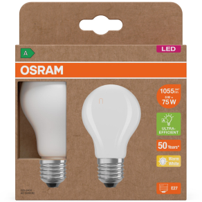   Osram E27 LED 5W, 1055 lm, 2700 K, melegfehér, opál üveg-75 W normál izzó helyett, 2 darabos - Superstar+ Classic A