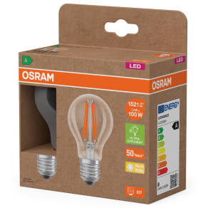   Osram E27 LED 7,2W, 1521 lm, 2700 K, melegfehér, áttetsző üveg-100 W normál izzó helyett, 2 darabos - Superstar+ Classic A filament