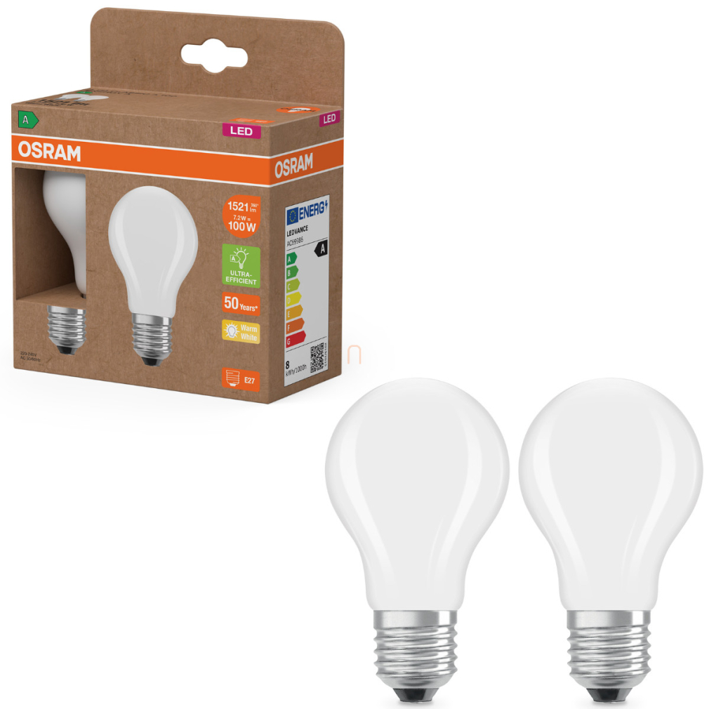 Osram E27 LED 7,2W, 1521 lm, 2700 K, melegfehér, opál üveg-100 W normál izzó helyett, 2 darabos - Superstar+ Classic A