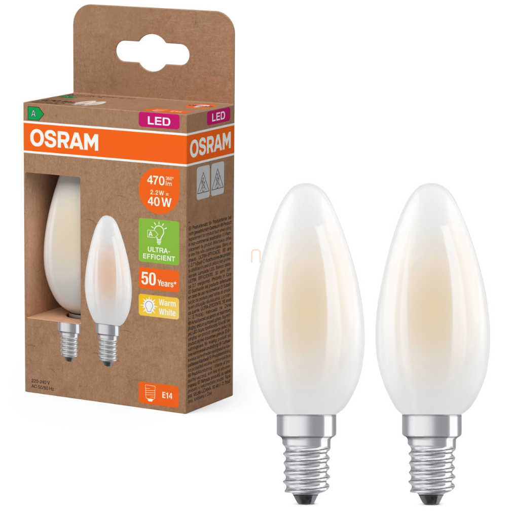 Osram E14 LED gyertya, 2,2W, 470 lm, 2700 K, melegfehér, opál üveg-40 W izzó helyett, 2 darabos - Superstar+ Classic B