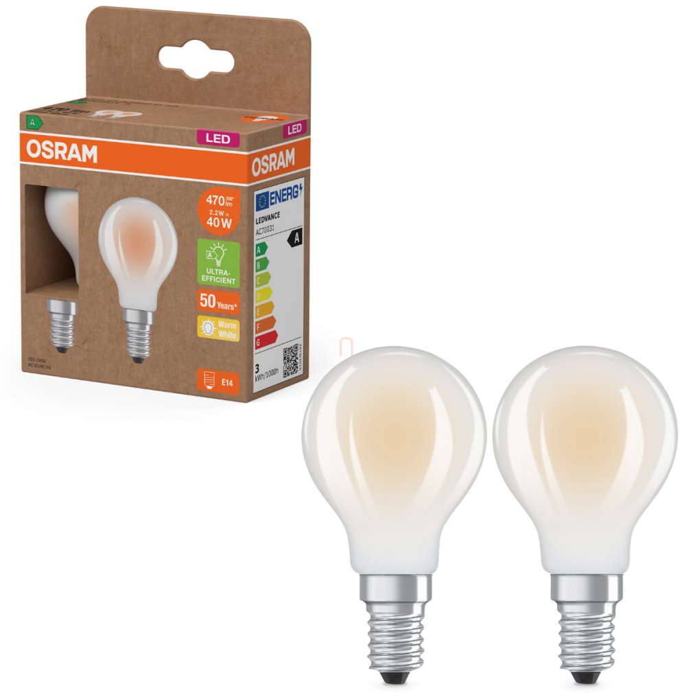Osram E14 LED kisgömb, 2,2W, 470 lm, 2700 K, melegfehér, opál üveg-40 W izzó helyett, 2 darabos - Superstar+ Classic P 