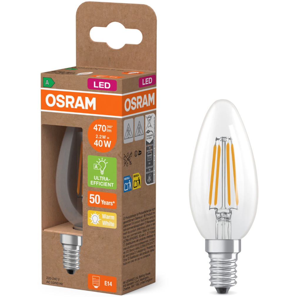 Osram E14 LED gyertya, 2,2W, 470 lm, 2700 K, melegfehér, áttetsző üveg-40 W izzó helyett - Superstar+ Classic B filament