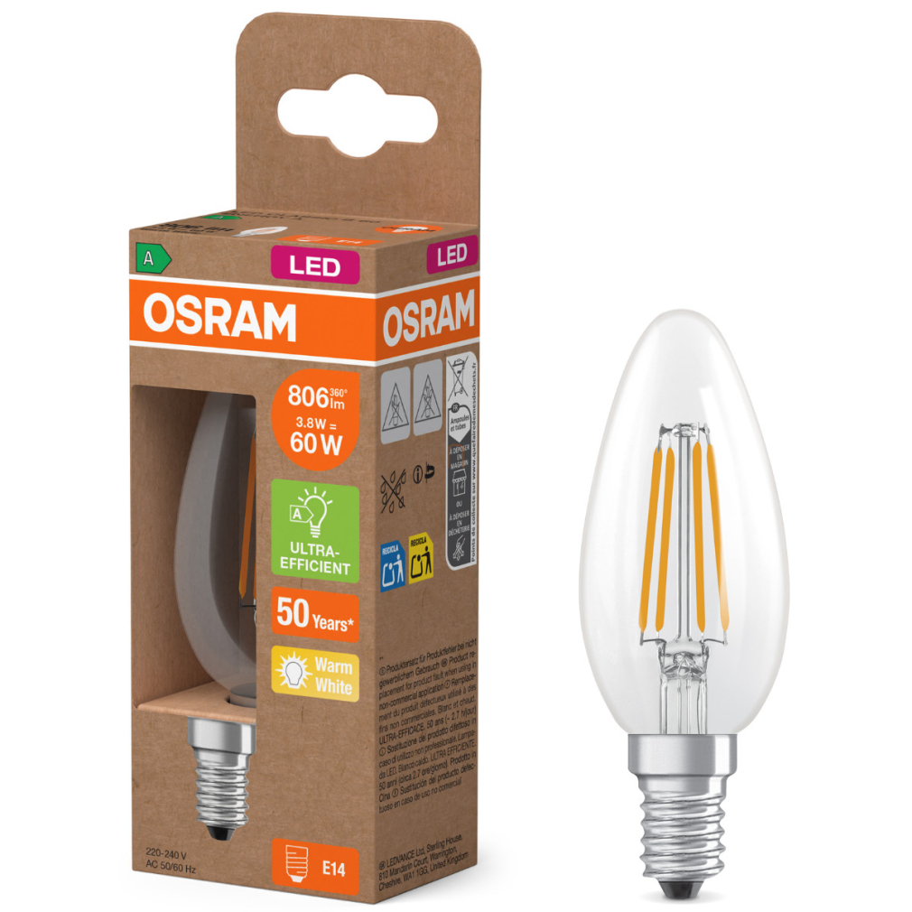 Osram E14 LED gyertya, 3,8W, 806 lm, 2700 K, melegfehér, áttetsző üveg-60 W izzó helyett - Superstar+ Classic B filament