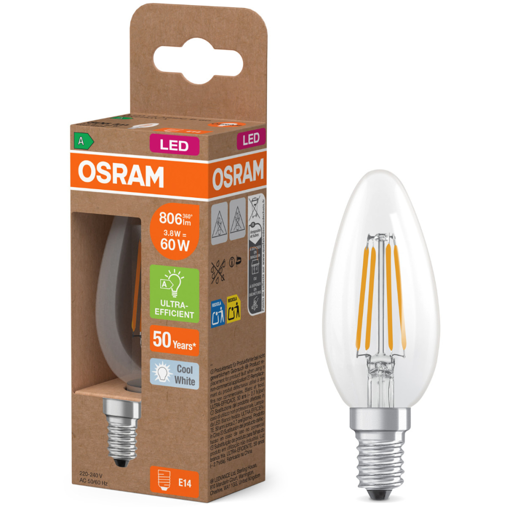 Osram E14 LED gyertya, 3,8W, 806 lm, 4000 K, hidegfehér, áttetsző üveg-60 W izzó helyett - Superstar+ Classic B filament