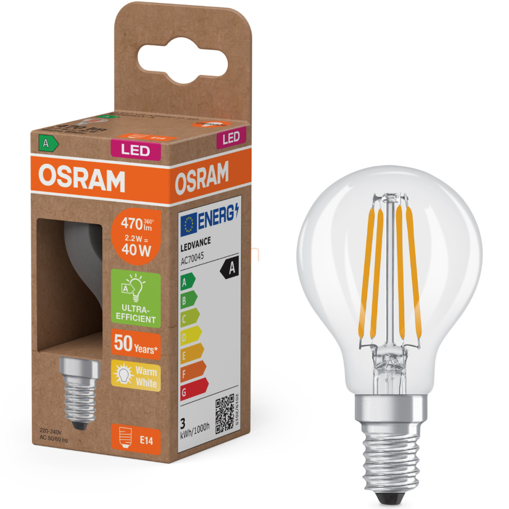 Osram E14 LED kisgömb, 2,2W, 470 lm, 2700 K, melegfehér, áttetsző üveg-40 W izzó helyett - Superstar+ Classic P filament