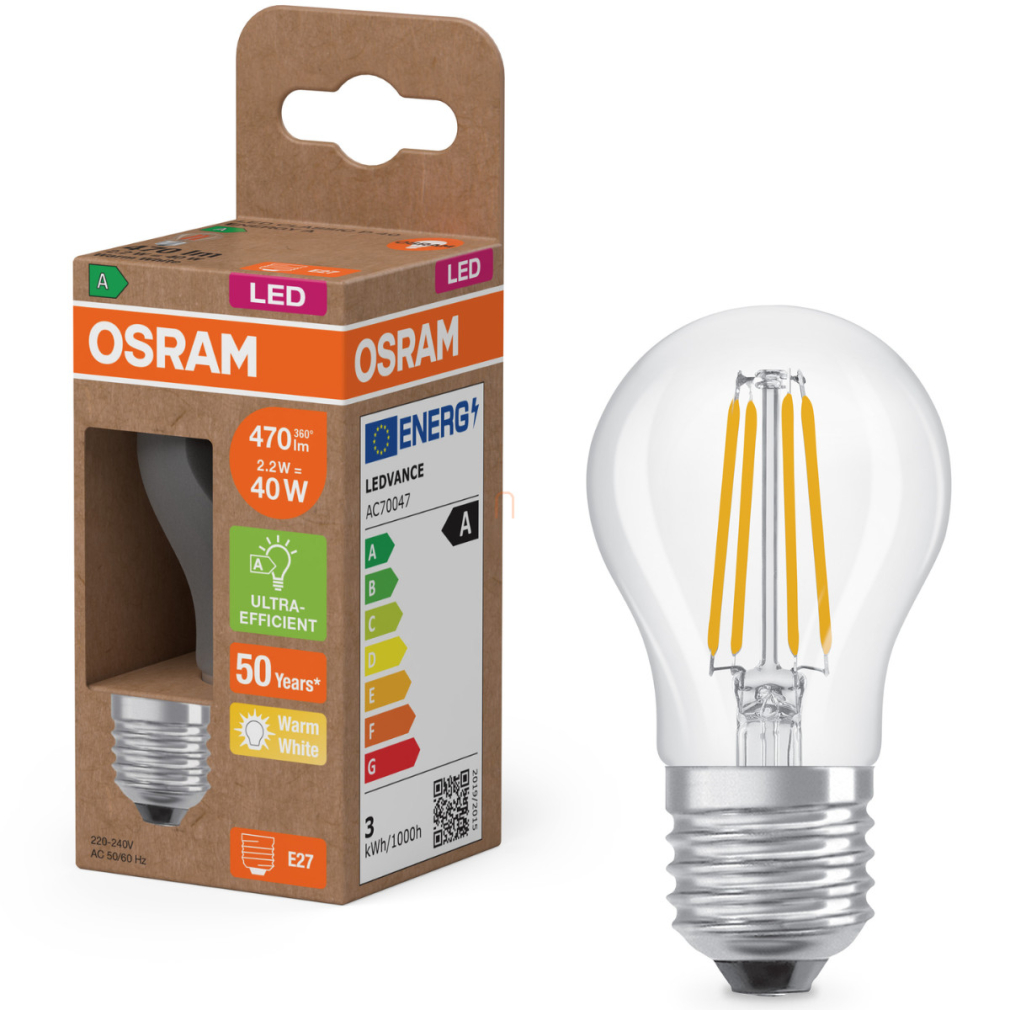 Osram E27 LED kisgömb, 2,2W, 470 lm, 2700 K, melegfehér, áttetsző üveg-40 W izzó helyett - Superstar+ Classic P filament