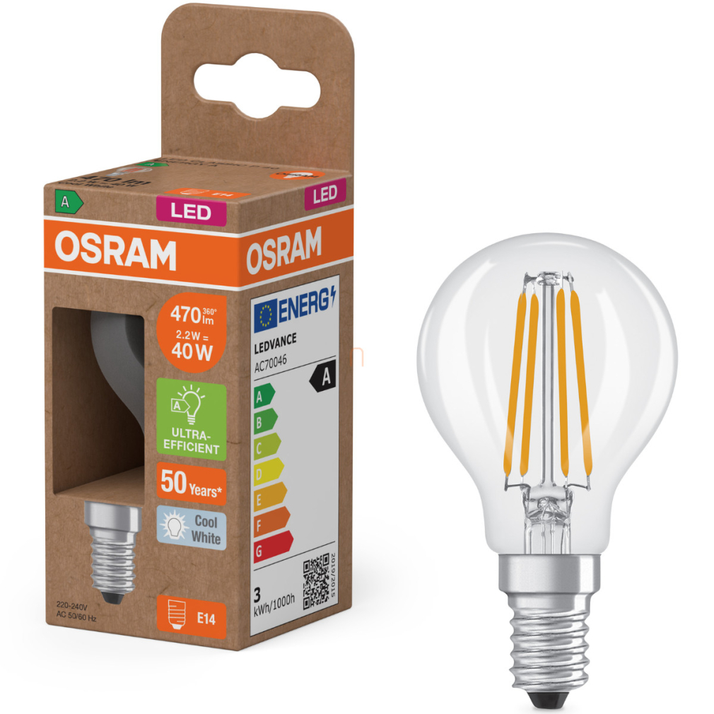 Osram E14 LED kisgömb, 2,2W, 470 lm, 4000 K, hidegfehér, áttetsző üveg-40 W izzó helyett - Superstar+ Classic P filament