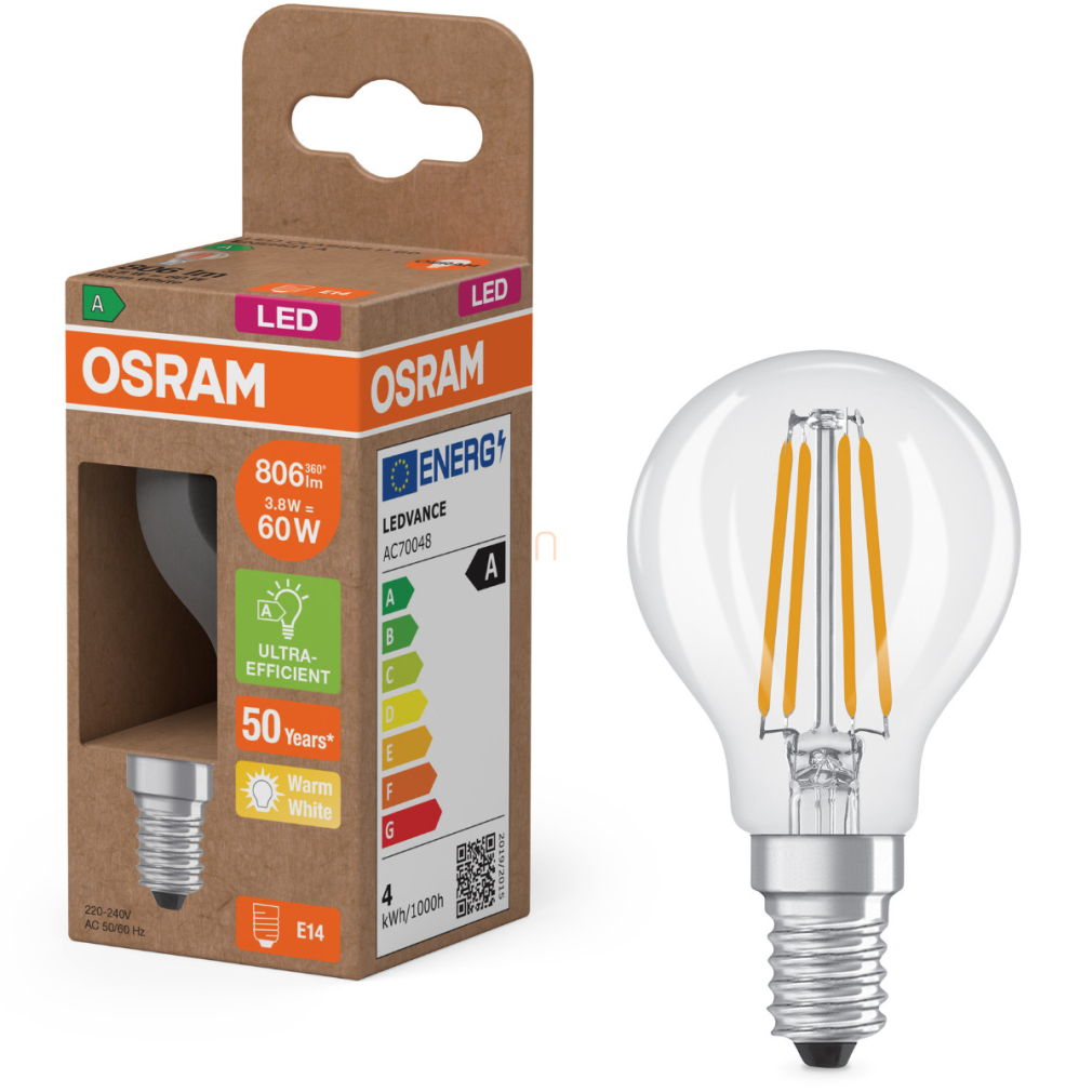 Osram E14 LED kisgömb, 3,8W, 806 lm, 2700 K, melegfehér, áttetsző üveg-60 W izzó helyett - Superstar+ Classic P filament