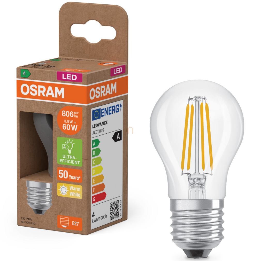 Osram E27 LED kisgömb, 3,8W, 806 lm, 2700 K, melegfehér, áttetsző üveg-60 W izzó helyett - Superstar+ Classic P filament