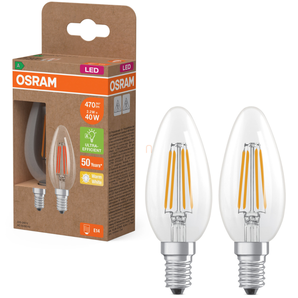 Osram E14 LED gyertya, 2,2W, 470 lm, 2700 K, melegfehér, áttetsző üveg-40 W izzó helyett, 2 darabos - Superstar+ Classic B filament