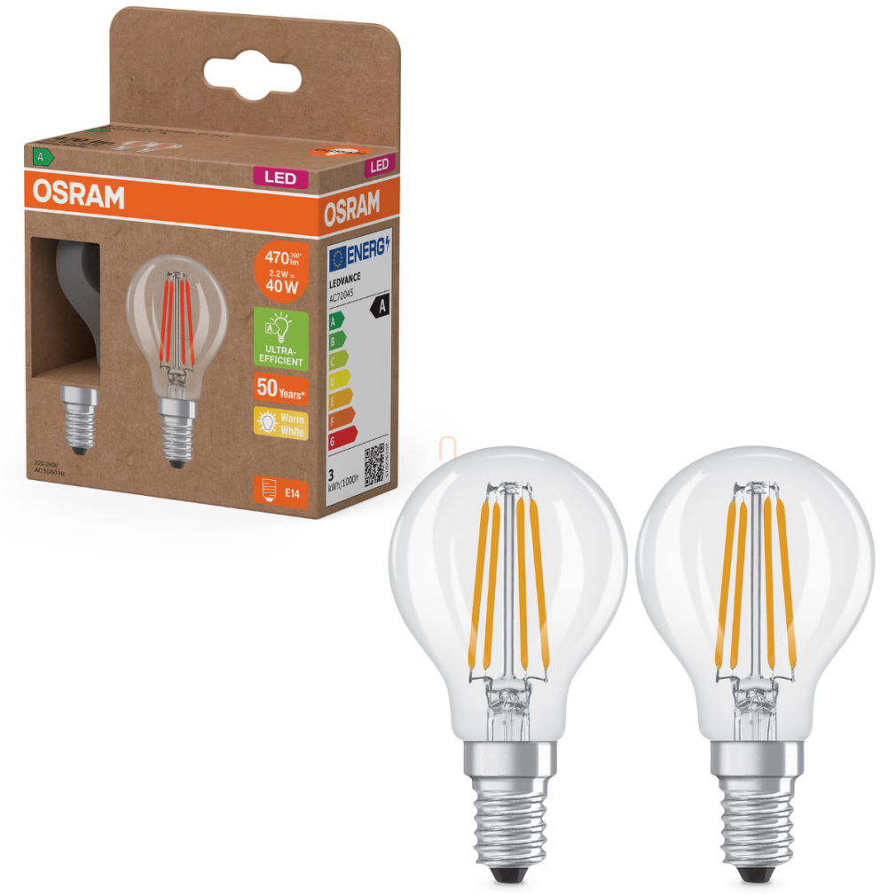 Osram E14 LED kisgömb, 2,2W, 470 lm, 2700 K, melegfehér, áttetsző üveg-40 W izzó helyett, 2 darabos - Superstar+ Classic P filament